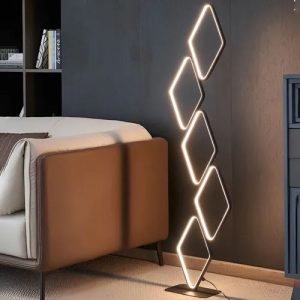 آباژور مدرن مربع ایران برق با 5 لوزی، نور LED سه حالته، بدنه آلومینیومی مشکی و ارتفاع 1 متر